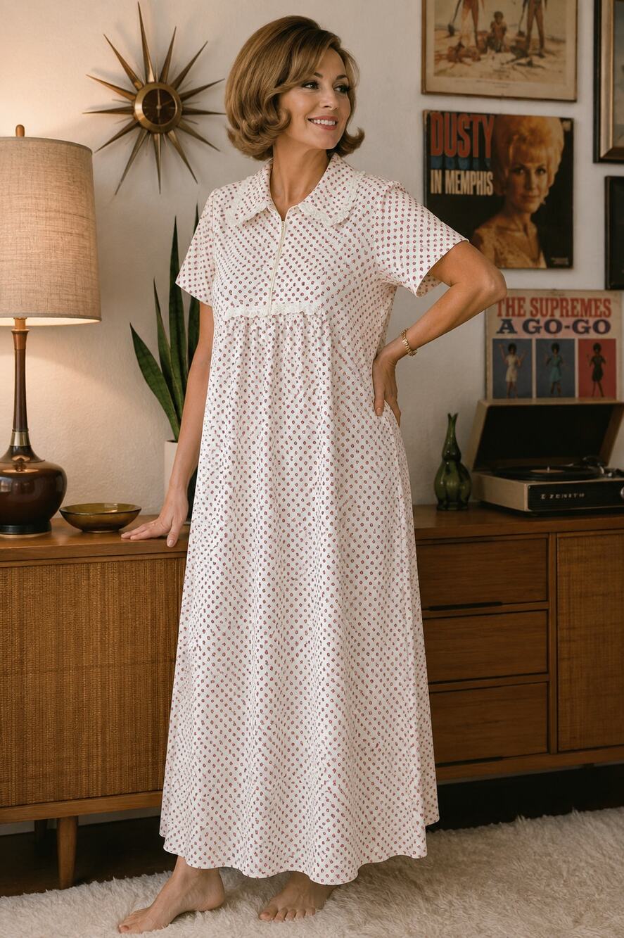 Katz Floral Maxi Nightgown House Coat Laced 1/2 Zip Sz M Housecoat Granny Core